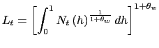 $\displaystyle L_{t}=\left[ \int_{0}^{1}N_{t}\left( h\right) ^{\frac{1}{1+\theta_{w}} }dh\right] ^{1+\theta_{w}}$