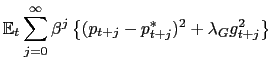 $\displaystyle \mathbb{E}_{t}\sum_{j=0}^{\infty}\beta^{j}\left\{ (p_{t+j}-p_{t+j}^{\ast })^{2}+\lambda_{G}g_{t+j}^{2}\right\}$