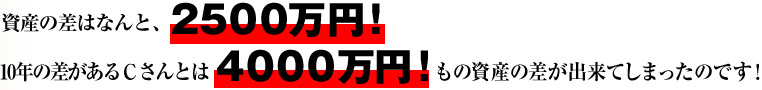 資産の差はなんと、2500万円！10年の差があるＣさんとは  4000万円！ もの資産の差が出来てしまったのです！