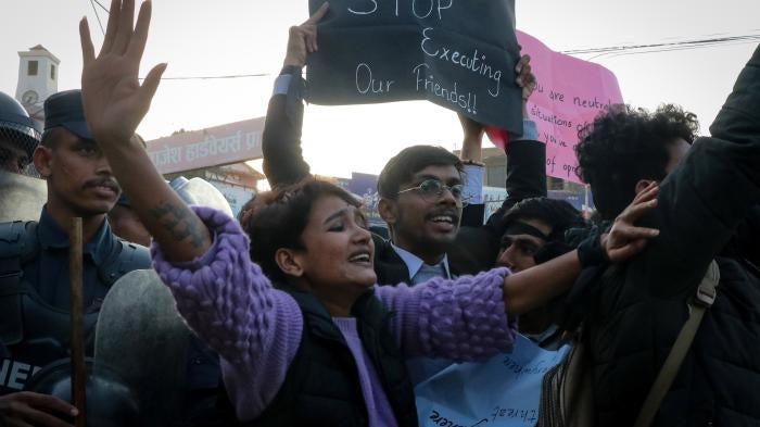 Student Union Cadres demonstrate outside the Myanmar embassy in Nepal against the Myanmar military court death sentence imposed on December 5, 2022, on seven university students who had protested against the military coup in Myanmar.