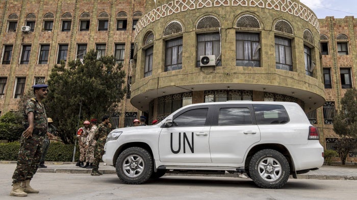 The UN special envoy for Yemen, Hans Grundberg, meets with local officials in Taizz, Yemen, February 12, 2024.