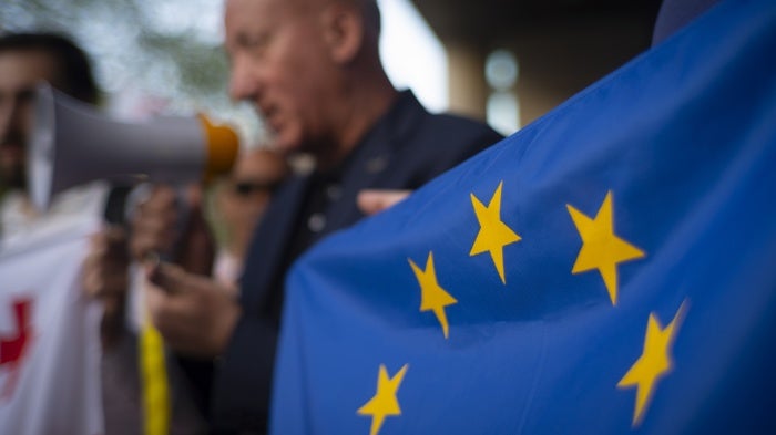 People rally in front of the European Commission representation office in Warsaw, Poland April 30, 2024.