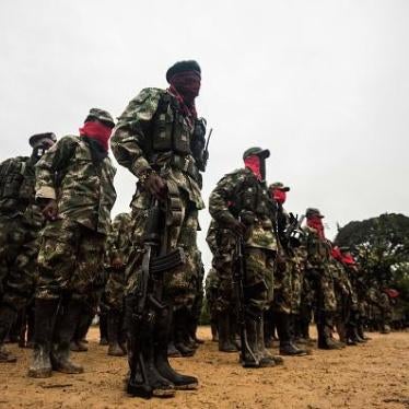 National Liberation Army (ELN) guerrilla members line up in their camp on the banks of the San Juan River, Chocó state, Colombia, on November 21, 2017. 