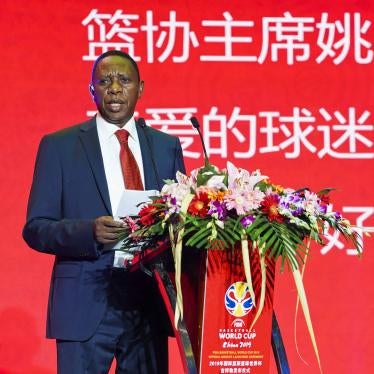 Former President of the International Basketball Federation (FIBA) Hamane Niang attends the FIBA Basketball World Cup 2019 official mascot launch ceremony on April 18, 2018 in Beijing, China. 