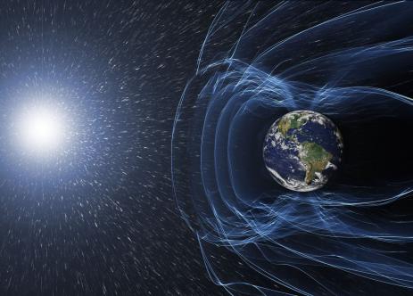 Campo eletromagnético da Terra e radiação cósmica (montagem com imagens ESA/ATG e NASA)
