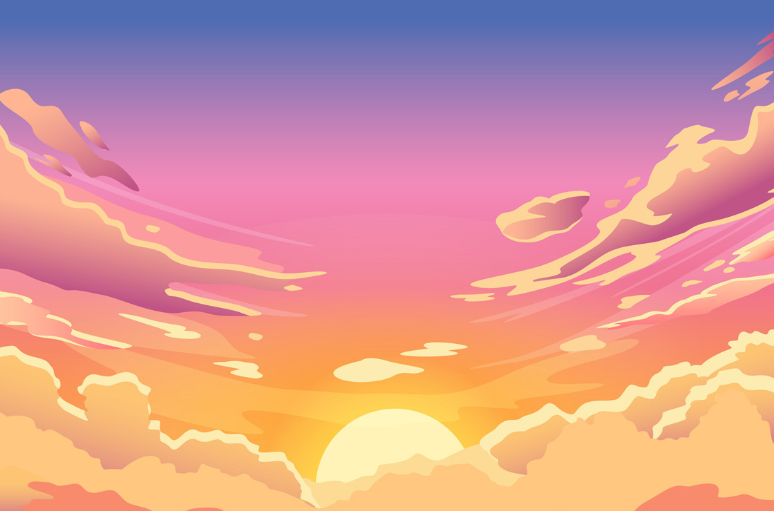 Sonnenuntergang. Cartoon-Sommer-Sonnenaufgang mit rosa Wolken und Sonnenschein, abendliches bewölktes Himmelspanorama