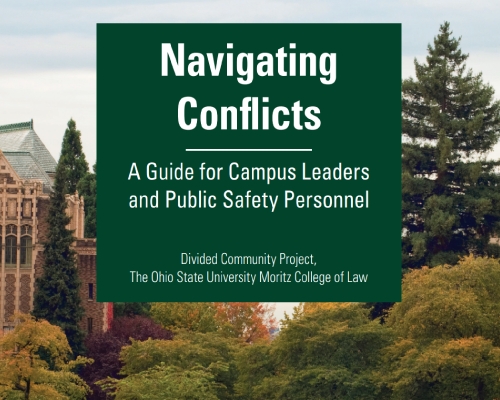 The cover of "Navigating Conflicts: A Guide for Campus Leaders and Public Safety Personnel" features an image of students walking on campus.