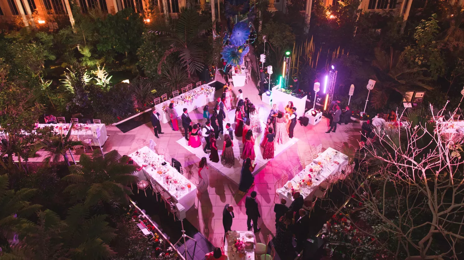 A group of people dancing in the temperate house at night