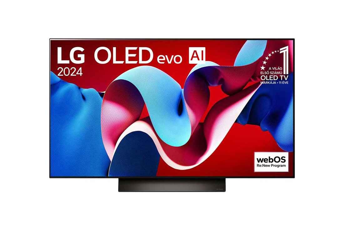 LG 48 colos LG OLED evo AI C4 4K Smart TV 2024, LG OLED evo AI TV, OLED C4 elölnézete, 11 Years of world number 1 OLED embléma és webOS Re:New Program logó a képernyőn, OLED48C43LA