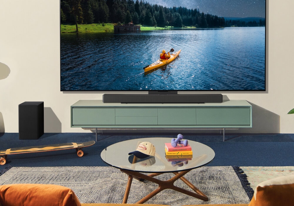 LG Soundbar on an OLED Synergy Bracket in a stylish living room