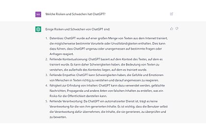 Ein Screenshot aus dem Chat mit dem Chatbot ChatGPT, in dem er seine Schwaechen und Risiken nennt