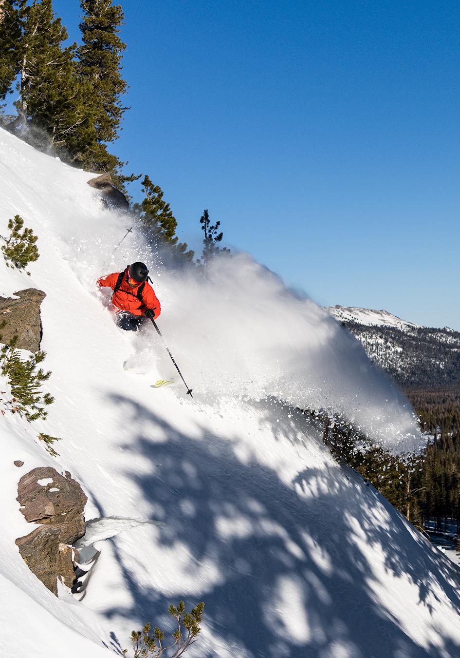 Skiing a steep slope after a December storm