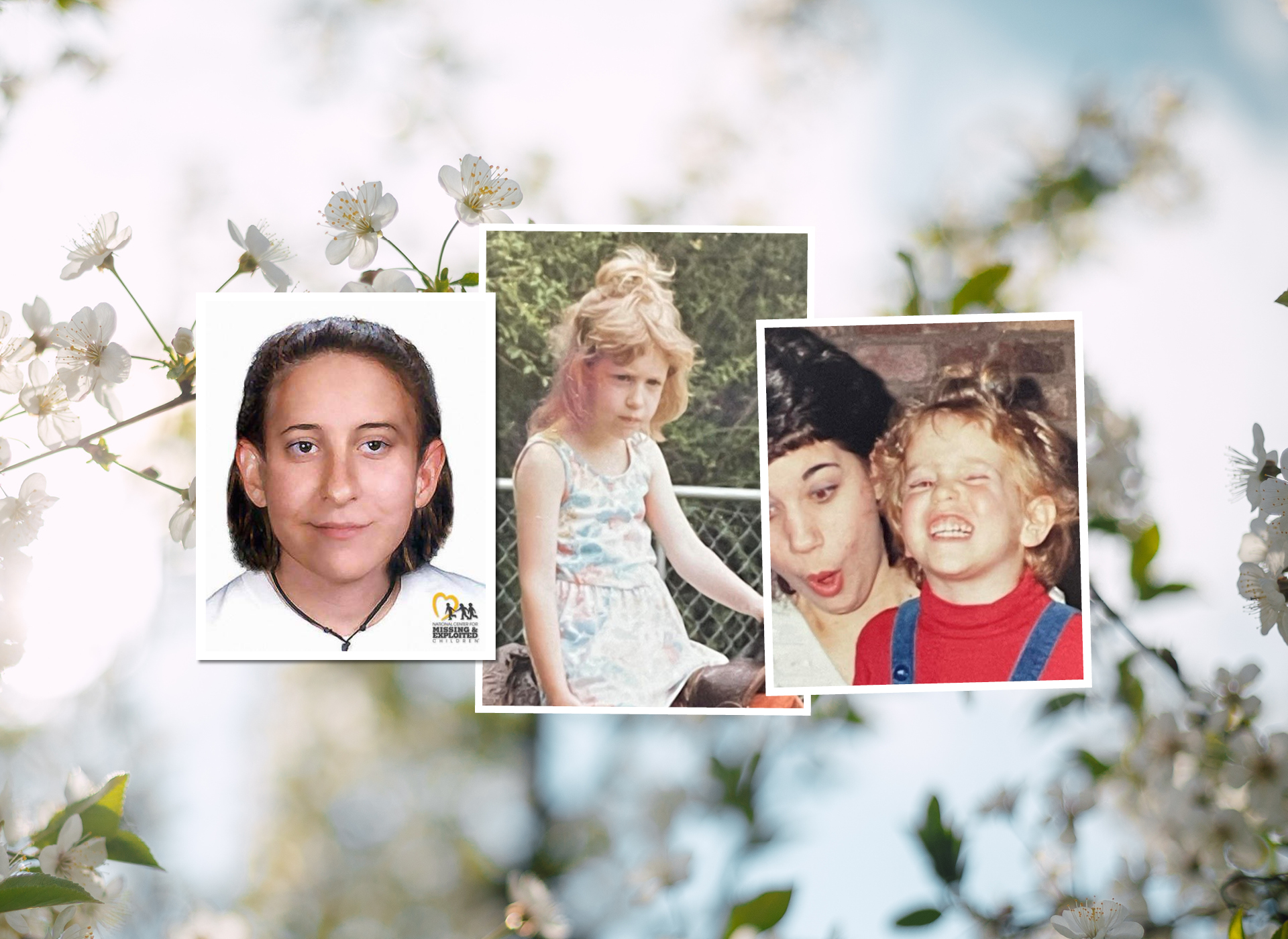 collage of three pictures: reconstruction of what alexa may have looked like with dark shoulder-length hair; picture of alexa as a child with blond hair in a dress; picture of alexa as child with her big sister (she is blonde, sister is brunette)