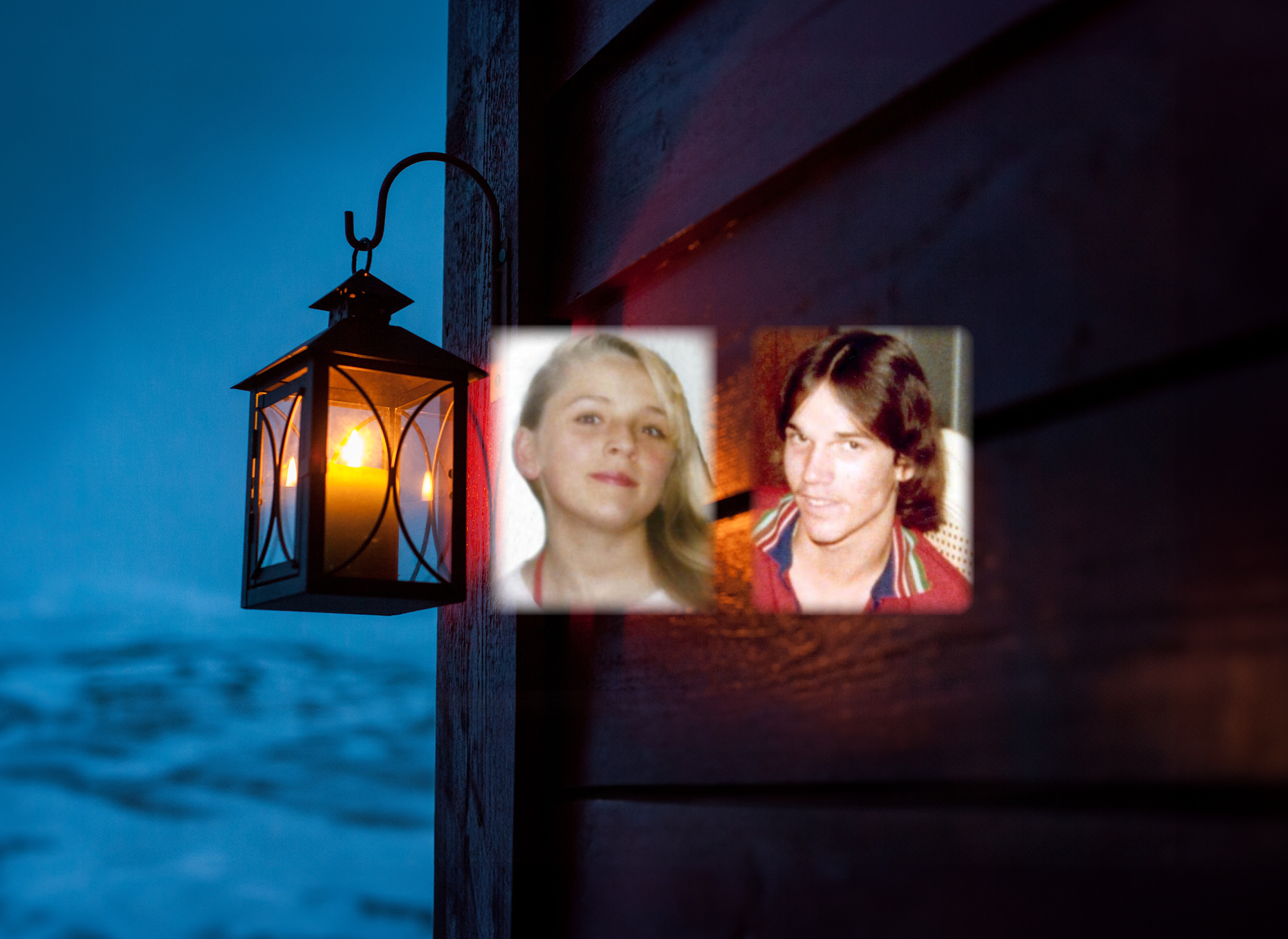 photo of kattie, blonde teen girl, next to photo of anthony, brunette man teen boy, on top of image of lantern with lit candle hanging off of a wall structure in the night