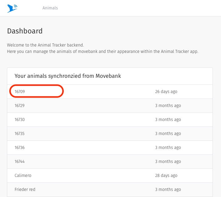 Image of the Dashboard menu with an animal's ID circled.