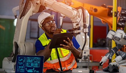 Technician using a tablet in a car factory