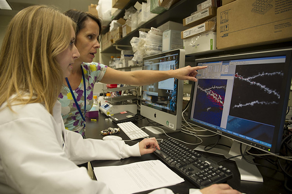 2 women looking at a monitor showing a research