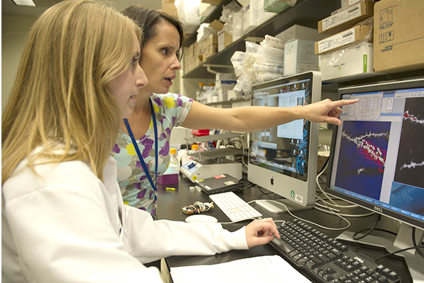 2 women looking at a monitor showing a research