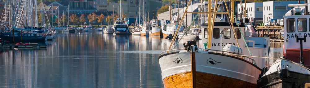 Boats in a harbour with an old-fashioned fishing boat in the front.