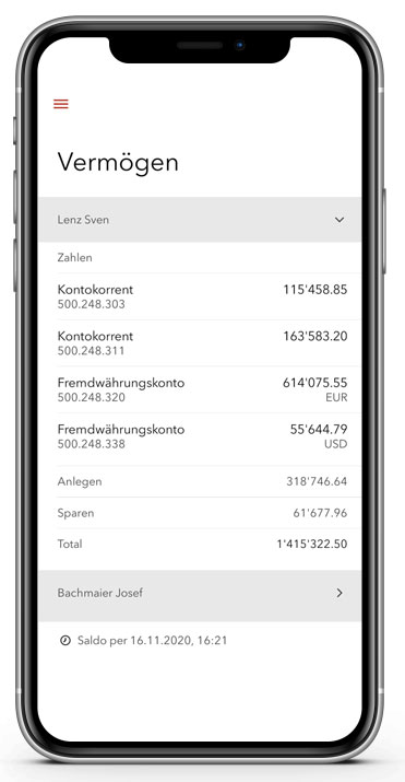 Mobile Banking Ansicht Vermögen