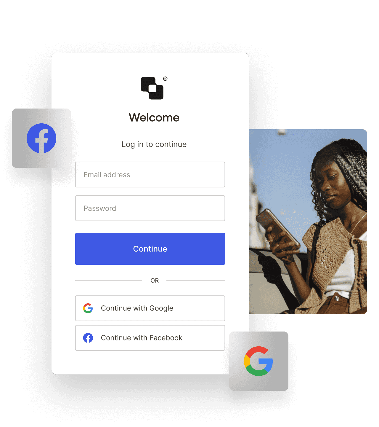 A sign on screen showing you can use Facebook and Google to login layered on top of an image of a woman on her phone