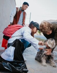 Health worker in Bolivia vaccinates a dog on the street while its owner holds it