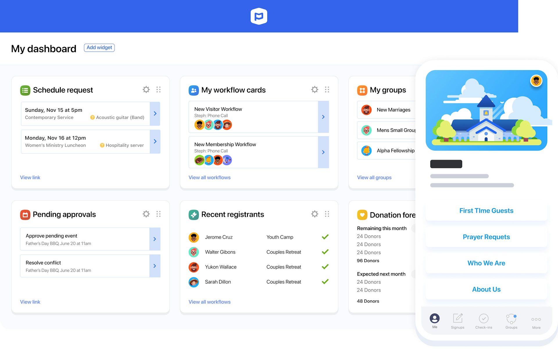 planning center dashboard ui