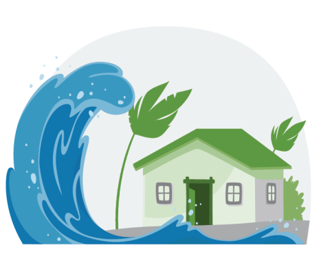 Illustration of a tsunami wave nearing a house. 