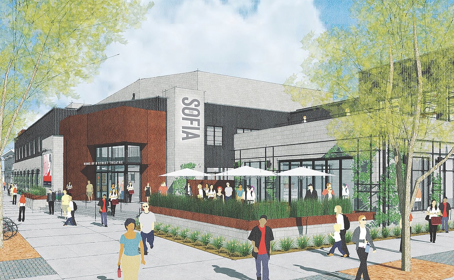 The Sofia includes two expanded theaters. An on-site cafe with an outdoor patio is set to open later this spring. (Rendering courtesy of Vrilakas Groen Architects)