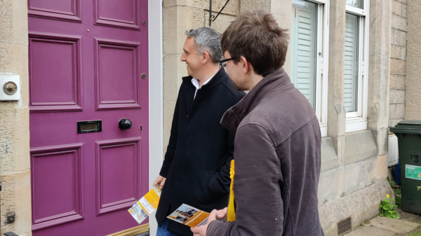 Alex Cole-Hamilton and Councillor Jack Caldwell canvassing