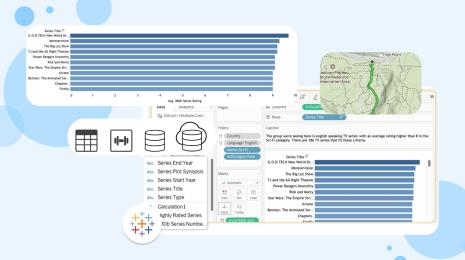 collage of data visualizations, a map, and data storage icons along with the Tableau logo on a blue background