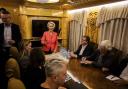 President of the European Commission, Ursula von der Leyen, center, onboard a train in Poland