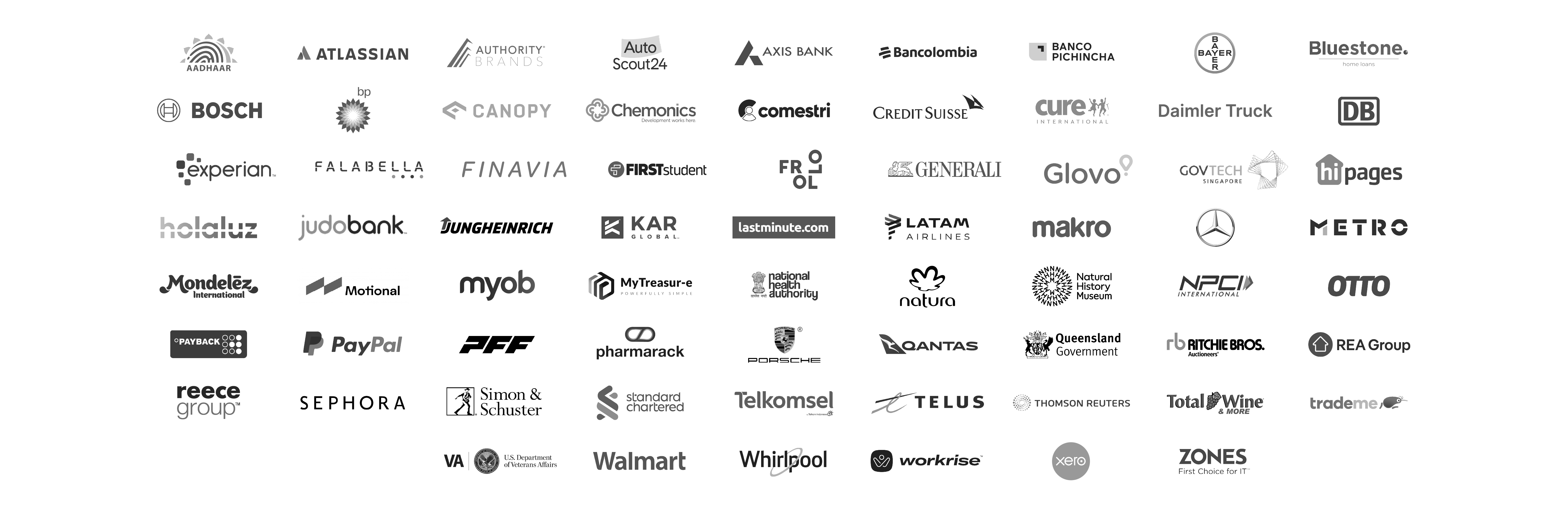 Una lista de más de 30 clientes de Thoughtworks, incluidas marcas como Daimler, Autoscout24, Bosch, Qantas y GoJek