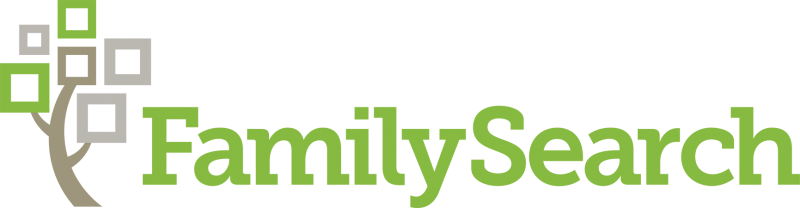 An image of the FamilySearch logo, containing a stylized tree with boxes for leaves and text in green of FamilySearch