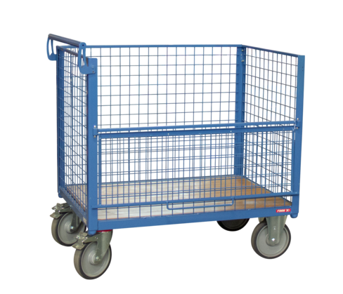 Chariot conteneur en fil d'acier - plateau bois - 500 kg - bleu - 1000 x 700 mm