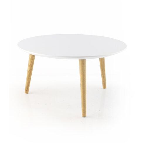 Table basse ronde Eneka - Ø 70 cm - plateau laqué blanc - pieds bois