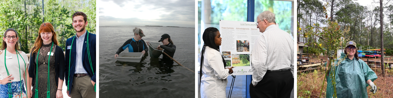 Four photos in line first three students standing outside second two students in water with net third student speaking with man in front of poster fourth is student at preserve