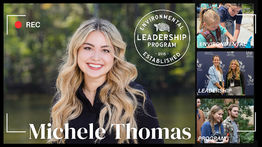 Photo collage including large headshot of student with environmental leadership program logo on top right. Three smaller photos are stacked on the right hand side of the headshot featuring the same student.