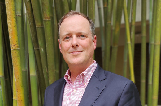 Man with short brown hair wearing a suit poses in front of green and yellow bamboo.