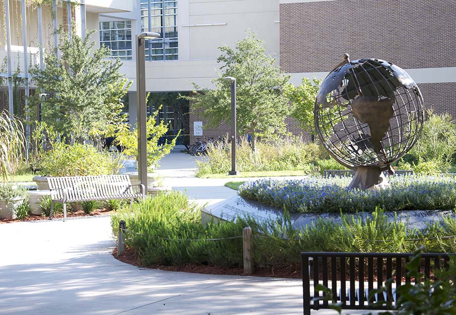 Globe sculpture outside building 51