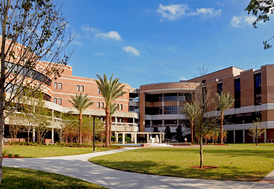 The outside view of the Brooks College of Health building