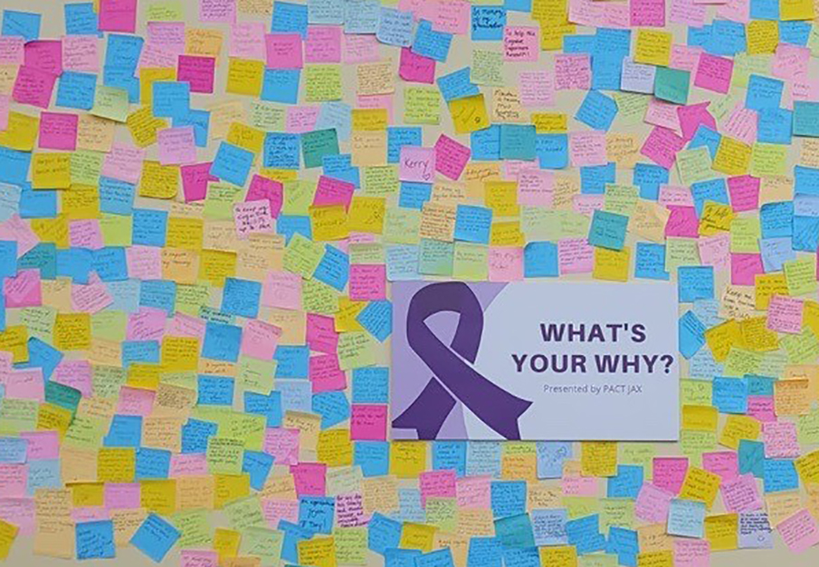 A wall covered in a various colored sticky notes written with participants reason for joining the study