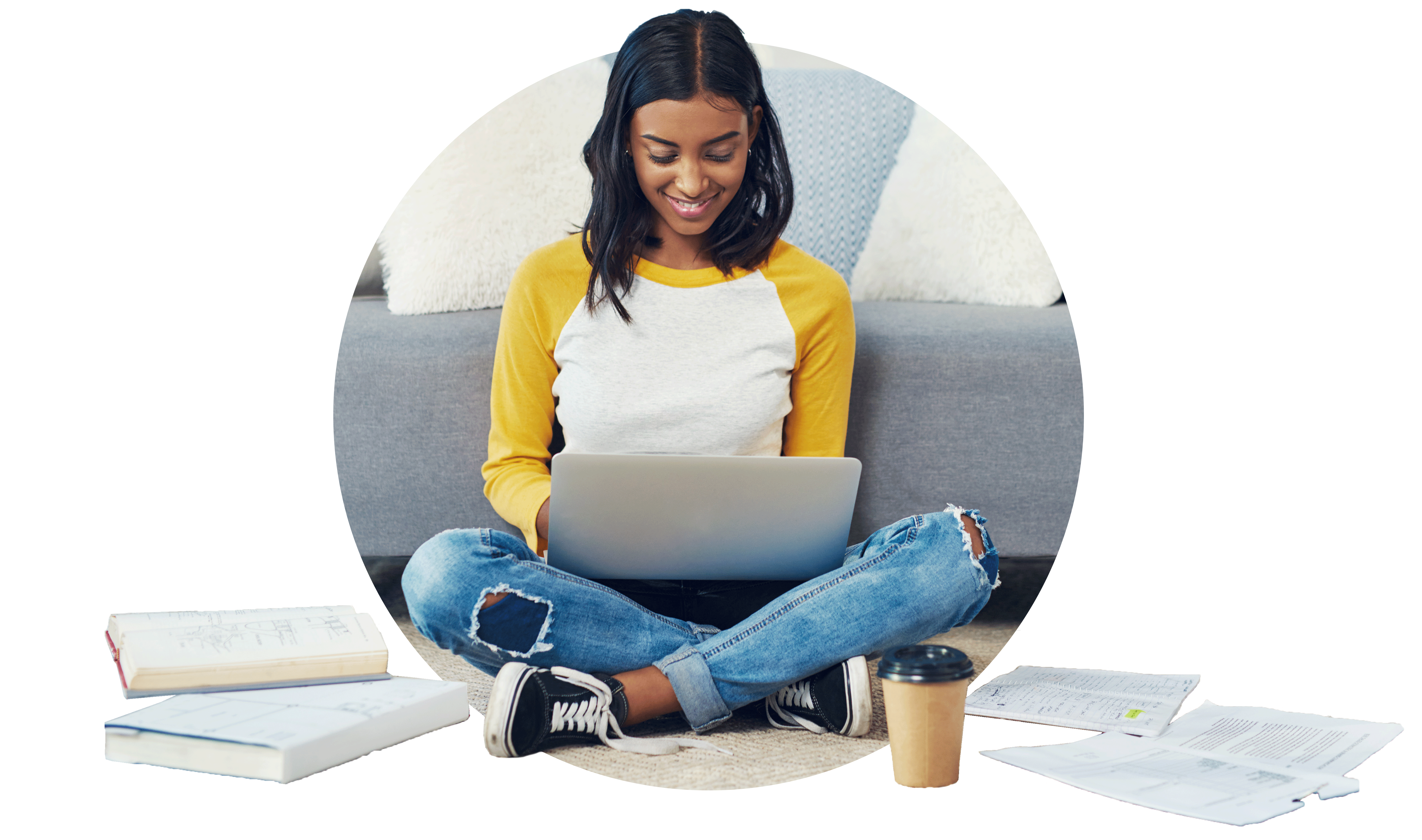 Online Student Studying in Living Room