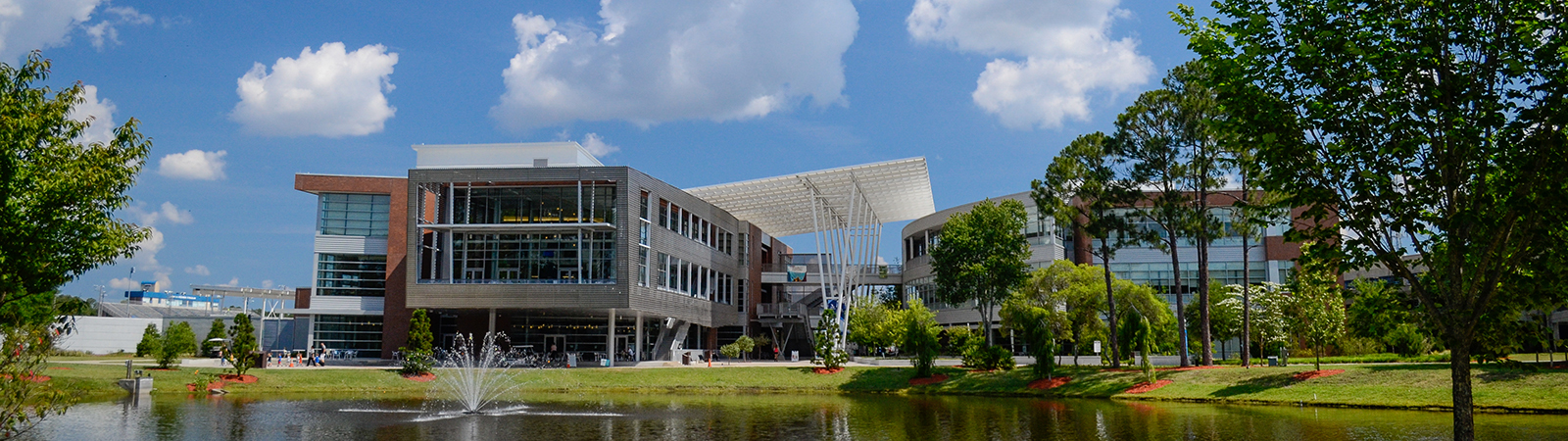 View of the student union across the pond