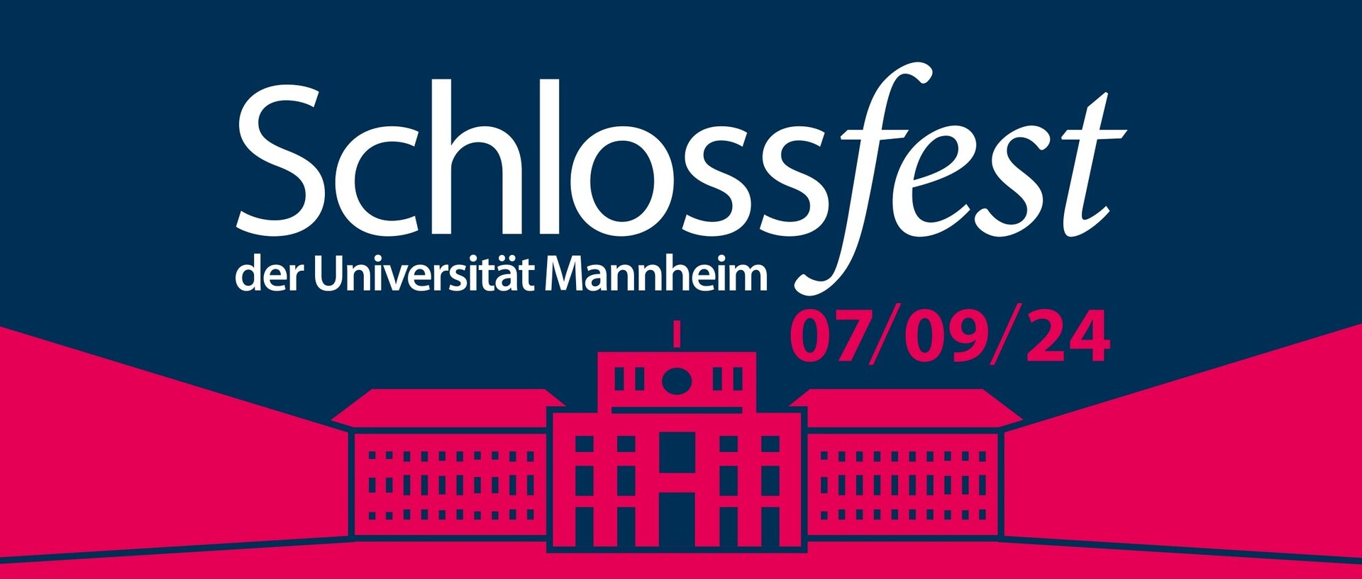 Das Schlossfest der Universität Mannheim findet am 7 September 2024. Das Schloss ist rot gezeichnet und wird auf blauem Hintergrund dargestellt.