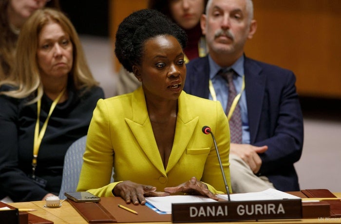 UN Women Goodwill Ambassador Danai Gurira briefs the UN Security Council at the annual open debate on conflict-related sexual violence, UN headquarters, 23 April 2024. Photo: UN Women/Ryan Brown.