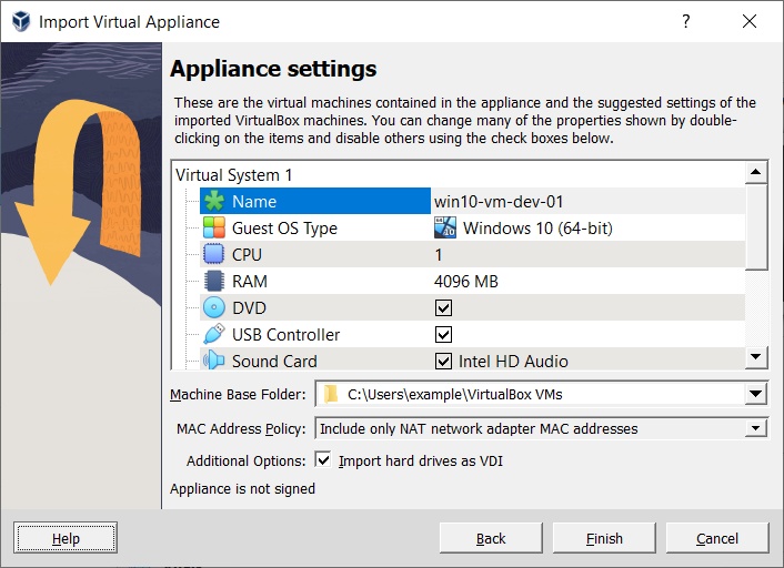 Import Virtual Appliance Wizard: Appliance Settings