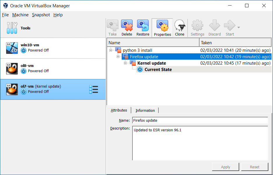 Snapshots Tool, Showing Snapshot Properties