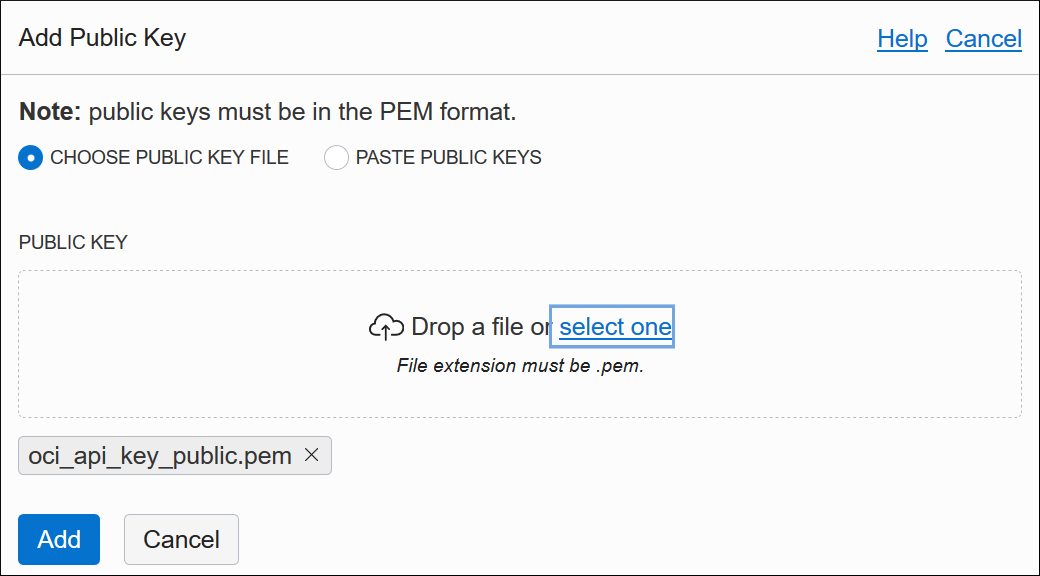 Upload Public Key Dialog in Oracle Cloud Infrastructure Console