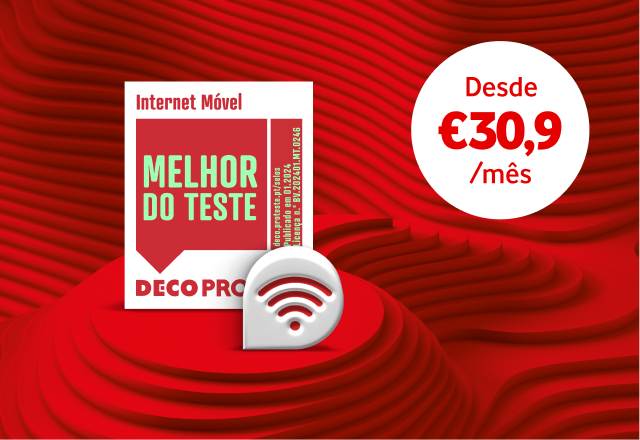 Selo deco com texto "Internet móvel - melhor do teste", com o ícone de wi-fi e etiqueta de preço a partir de 30,9€ por mês.